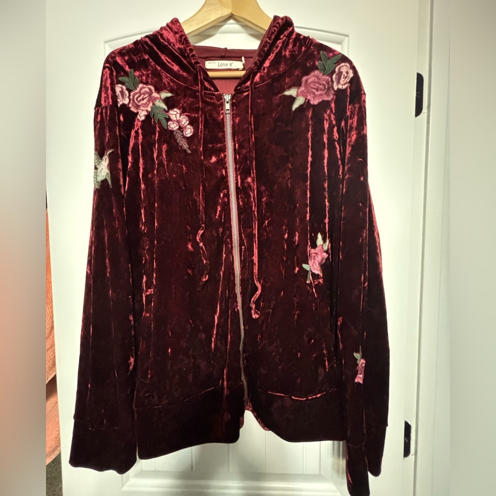 Burgundy Crushed Velvet Hooded Zipper Sweater-Embroided Floral & Hummingbird 2x